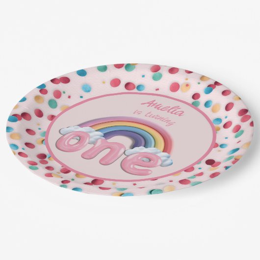 Pink Rainbow Turning One First Birthday Pappteller (Schrägansicht)