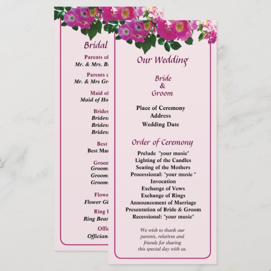 Pink Rambler Rose Wedding Program Programm (Vorne/Hinten)