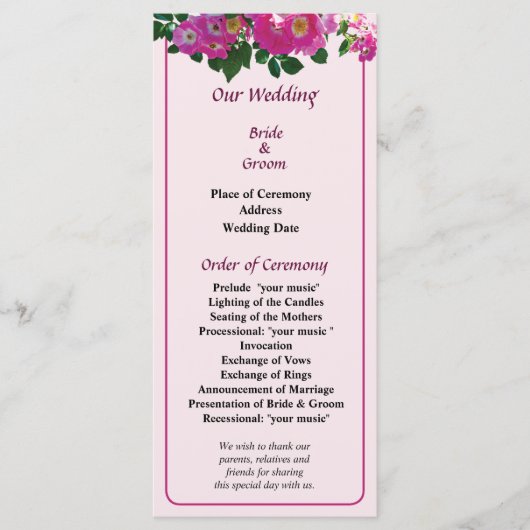 Pink Rambler Rose Wedding Program Programm (Vorderseite)
