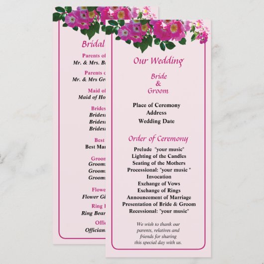Pink Rambler Rose Wedding Program Programm (Vorne/Hinten)