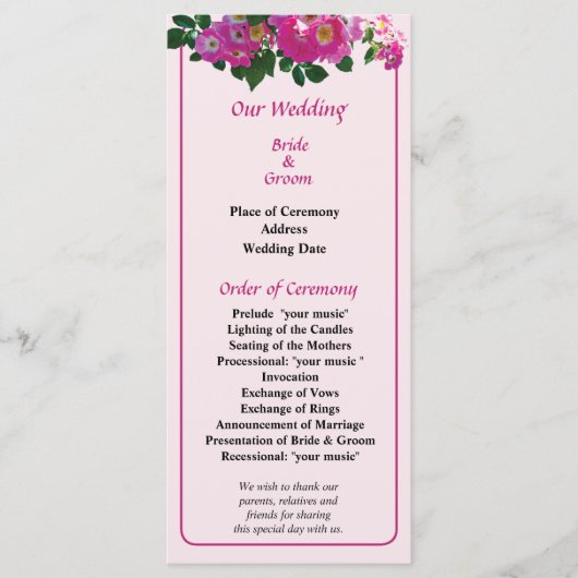 Pink Rambler Rose Wedding Program Programm (Vorderseite)
