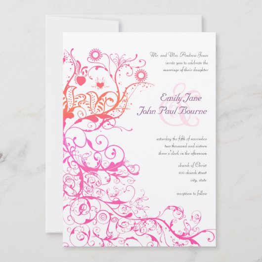 Pink Raspberry Coral Birds Swirls Wedding Invites Einladung (Vorderseite)