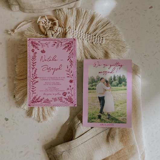 Pink Raspberry Drawn Floral Garden Photo Wedding Einladung