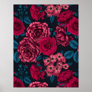 Pink, red and bi-color Roses with blue leaves Poster