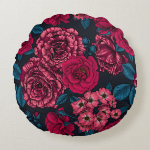 Pink, red and bi-color Roses with blue leaves Rundes Kissen