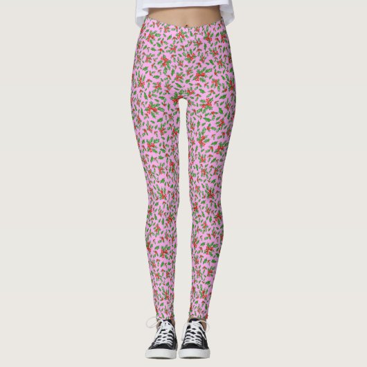 Pink, red, and green holly Christmas Patterned Leggings (Vorderseite)