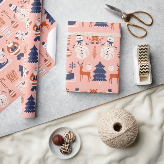 Pink Red Blue Illustrative Style in Weihnachten Geschenkpapier (Kunsthandwerk)