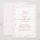 Pink Red Bow Little Sweetheart First Birthday Einladung (Vorne/Hinten)