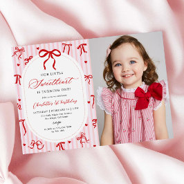 Pink Red Coquette Bow Valentine 1st Birthday Photo Einladung