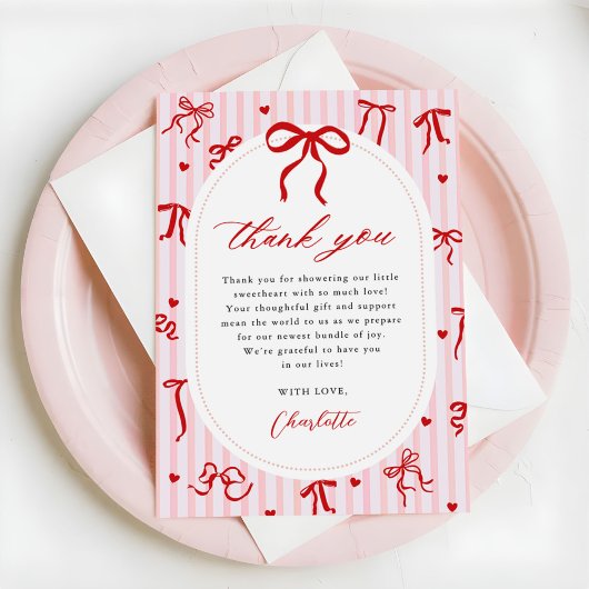 Pink Red Coquette Bow Valentine Baby Shower Dankeskarte