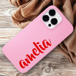 Pink red custom name bold script Case-Mate iPhone 14 pro max hülle<br><div class="desc">Phone cover featuring your name in a red script font on a pink background. Bold and colorful design.</div>