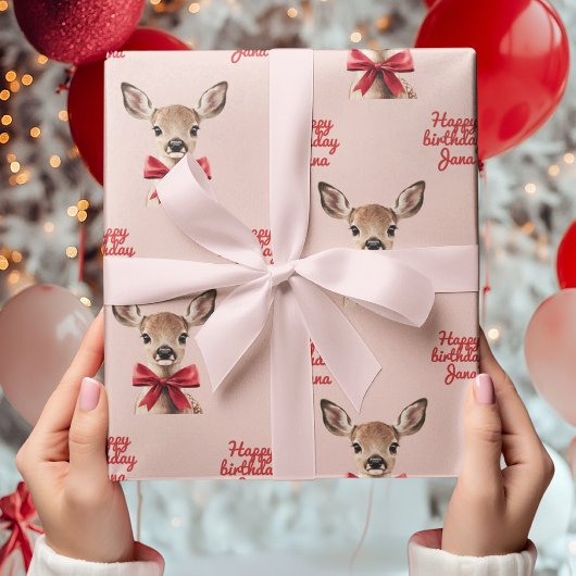 Pink & Red Deer Wrapping Paper | Woodland Birthday Geschenkpapier