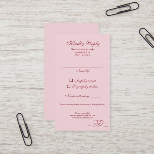 Pink Red Elegant Calligraphy Wedding RSVP Card Visitenkarte (Vorderseite/Rückseite Beispiel)