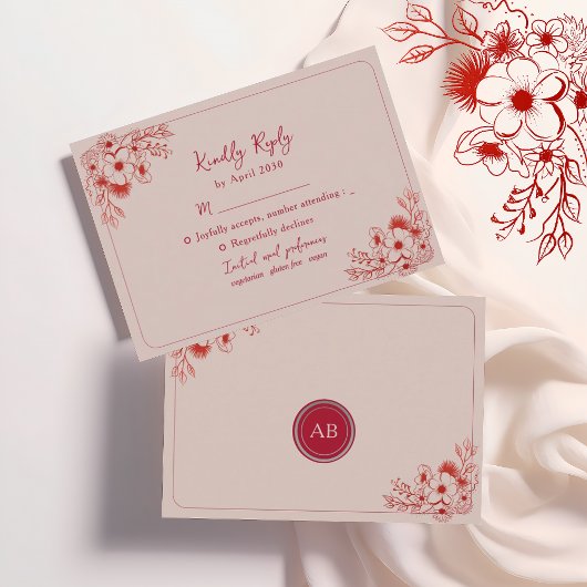 Pink Red Floral Elegant RSVP Karte
