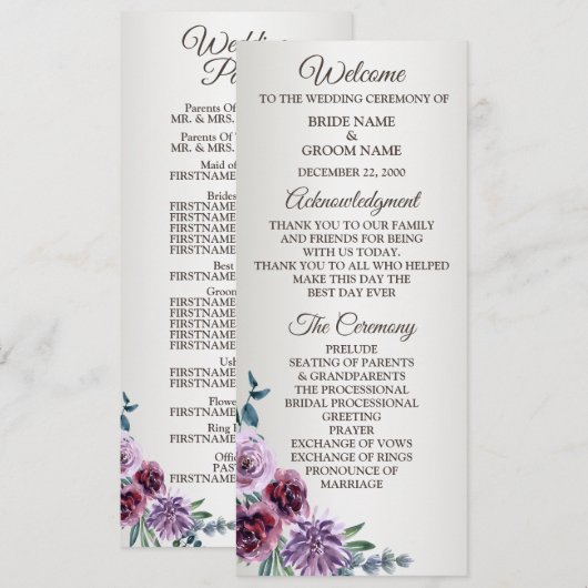 Pink Red Floral Geometric Watercolor Wedding Programm (Vorne/Hinten)