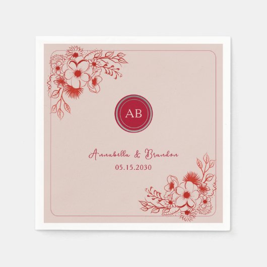 Pink Red Floral Monogram Wedding Serviette (Vorderseite)