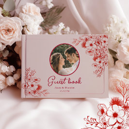 Pink Red Floral Photo Wedding Gästebuch