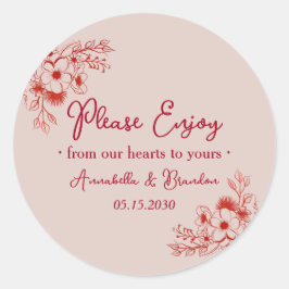 Pink Red Floral Please Enjoy Wedding Runder Aufkleber