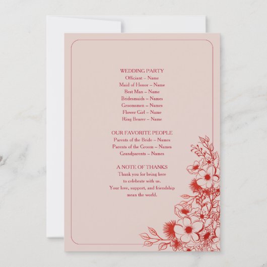 Pink Red Floral Wedding Program (Rückseite)