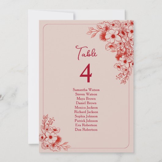 Pink Red Floral Wedding Seating Chart (Rückseite)