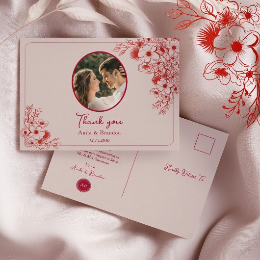 Pink Red Floral Wedding Thank You Postkarte