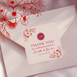 Pink Red Floral Wedding Thank You Quadratischer Aufkleber