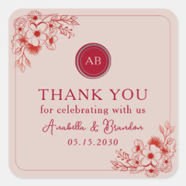 Pink Red Floral Wedding Thank You Quadratischer Aufkleber