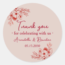 Pink Red Floral Wedding Thank You Runder Aufkleber