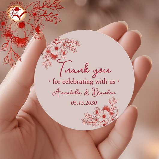 Pink Red Floral Wedding Thank You Runder Aufkleber