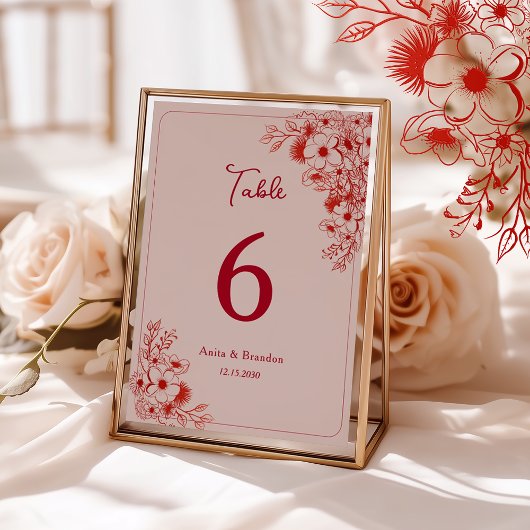 Pink Red Floral Wedding Tischnummer