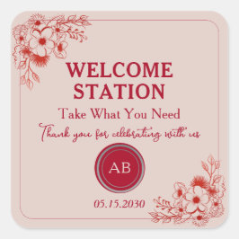 Pink Red Floral Welcome Station Quadratischer Aufkleber