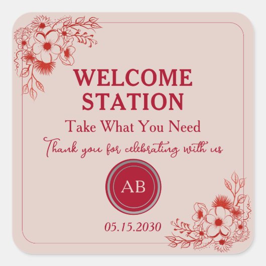 Pink Red Floral Welcome Station Quadratischer Aufkleber (Vorderseite)