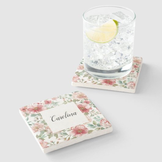 Pink Red Flowers Steinuntersetzer (Seitenansicht)