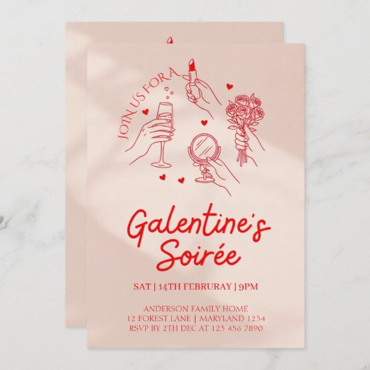 Pink & Red Galentine’s Day Party Invitation Templa Einladung (Vorne/Hinten)