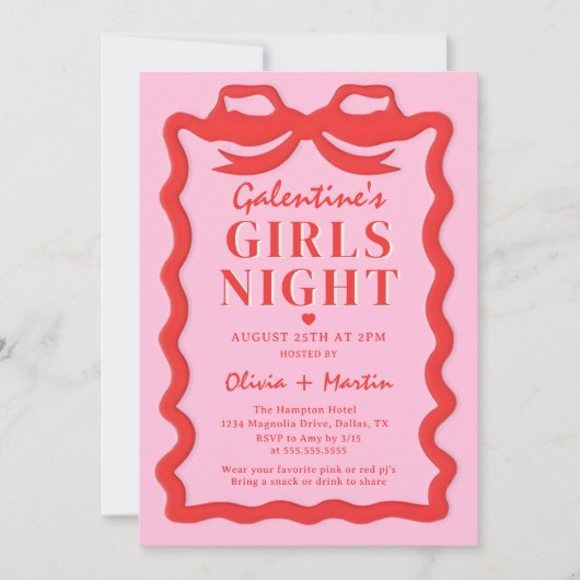 Pink Red Galentine's Girls Night Party Invitation Einladung (Vorderseite)