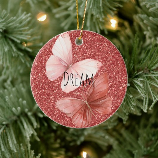 Pink Red Glitter Butterflies Christmas Keramik Ornament (Baum)
