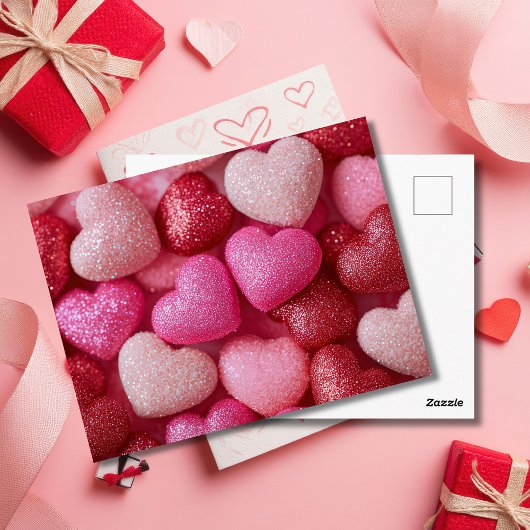 Pink Red Glitter Hearts Valentine`s Day Card  Postkarte