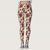 Pink Red Gold Flowers on Tan Stripes Leggings (Vorderseite)