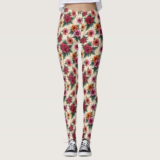 Pink Red Gold Flowers on Tan Stripes Leggings (Vorderseite)