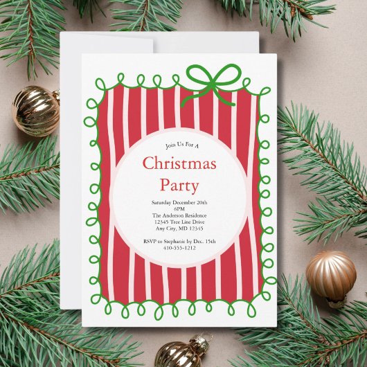 Pink Red Green Coquette Bow Doodle Christmas Party Einladung