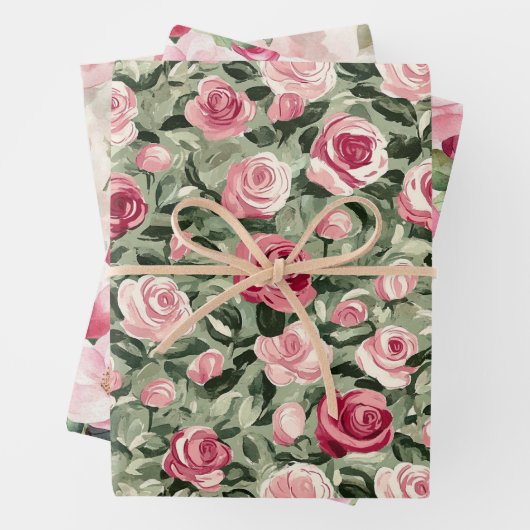 Pink Red Green Roses Floral Bridal Shower Geschenkpapier Set (Beispiel)