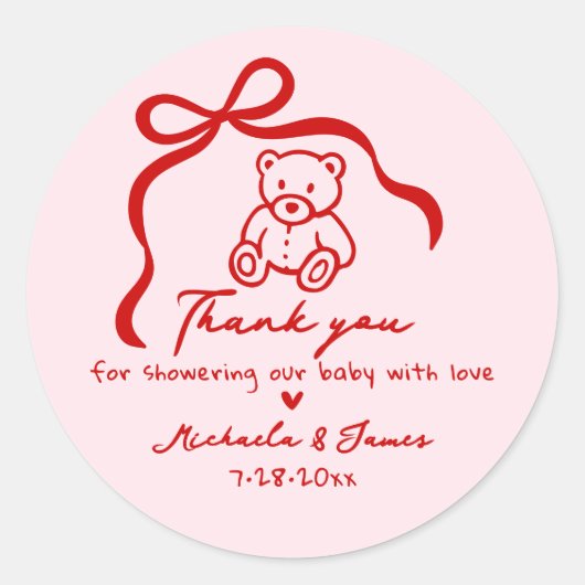 Pink & Red Hand Drawn Doodle Bow Girl Babydusche Runder Aufkleber (Vorderseite)