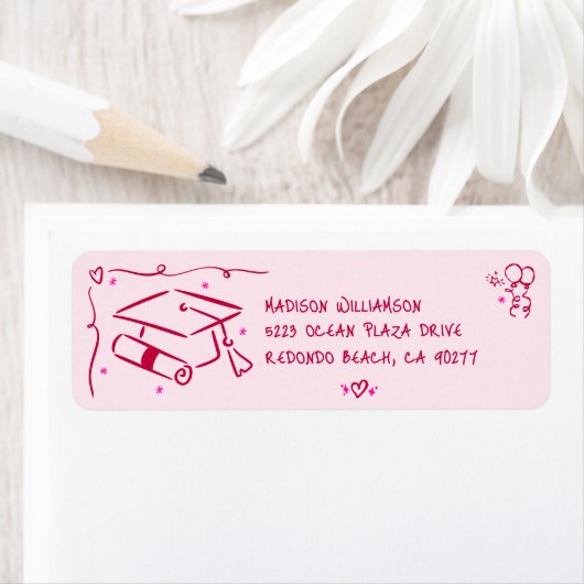 Pink Red Hand Drawn Doodles Graduation Cap Address (Insitu)