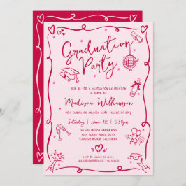 Pink Red Hand Drawn Doodles Graduation Retro Party Einladung