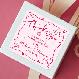 Pink Red Hand Drawn Doodles Graduation Thank You Quadratischer Aufkleber