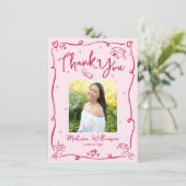 Pink Red Hand Drawn Doodles Photo Graduation Retro Dankeskarte (Stehend Vorderseite)