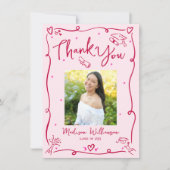 Pink Red Hand Drawn Doodles Photo Graduation Retro Dankeskarte (Vorderseite)