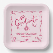 Pink Red Hand Drawn Doodles Style Graduation Retro Pappteller (Vorderseite)