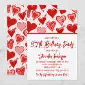 Pink Red Hearts Pattern Einfach 37. Geburtstag Einladung (Vorne/Hinten)