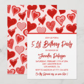Pink Red Hearts Pattern Einfache 51. Geburtstag Einladung (Vorne/Hinten)